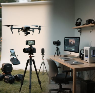 content creation setup with cameras, tripod, and editing desk