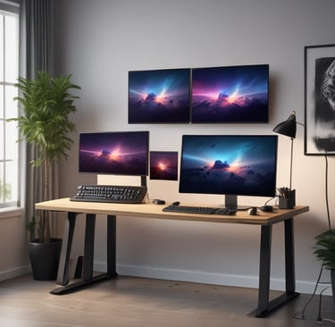 A Lenovo laptop displayed on a wooden desk with a screen showing a system performance window and several desktop icons. Behind it, there are additional computer monitors, one of which has a visible LG logo, and a white coffee mug with an Intel logo. Various office items like a mouse and a keyboard can also be seen.