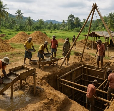 Traditional gem miners in Sri Lanka working in an open pit surrounded by tropical greenery