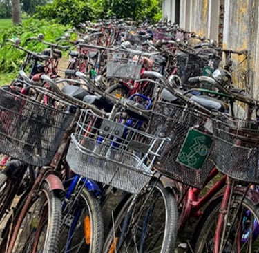 Around 200 bikes leaning against school building.