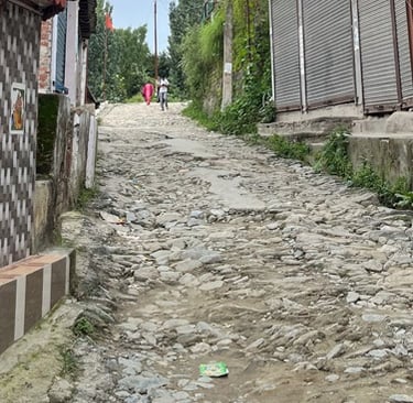 Narrow half-paved road.