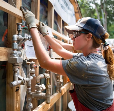 femme plombier travaillant sur la création d'un réseau gaz