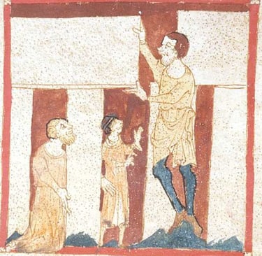 Oldest illustration of construction of Stonehenge by Merlin, a giant