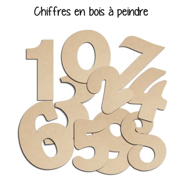 Chiffres en bois 5 cm, 8 cm, 10 cm, 15 cm, 20 cm, 25 cm, 30 cm, 35 cm.