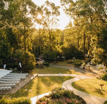 Avalon Castle wedding venue aerial style view with garden ceremony setup Melbourne