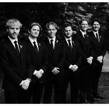 Black and white portrait of the groom and groomsmen at Adelaide Botanic Garden