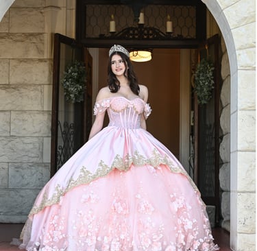 a teenage girl in a beautiful Custom Designed Pink  ball gown.