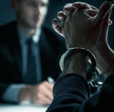 man in handcuffs talking to lawyer