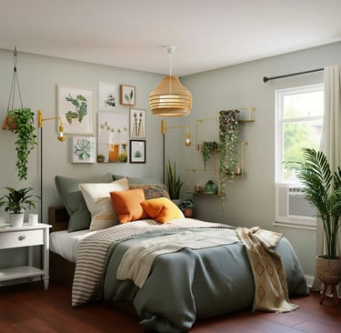 chambre aux murs gris vert doux avec des coussins ocre et une décoration végétale, une ambiance apaisante