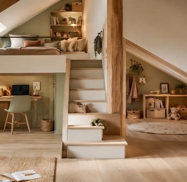 Haut mezzanine : chambre, bas mezzanine : bureau, rangement, coin jeux, ambiance scandinave