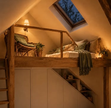 Ambiance du soir : mezzanine éclairée par applique murale et lampe d'appoint