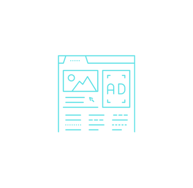 Ícono azul de una página web con una imagen y un anuncio, representando publicidad digital y conteni