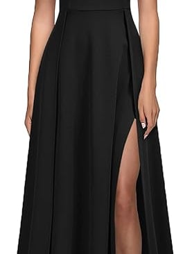 a woman wearing a black dress with a high neckline and a high slited