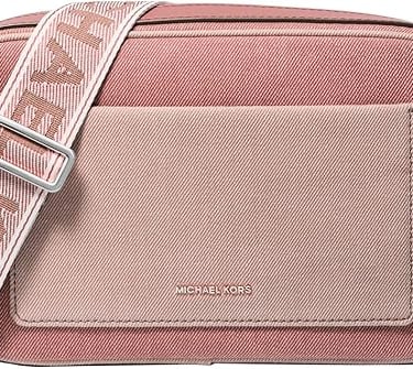 a pink and beige cross body bag with a pink and white cross bodysuit