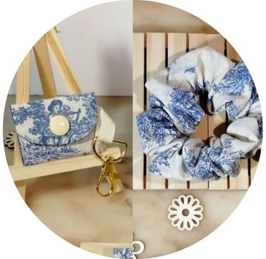 chouchou et porte-jeton en toile de Jouy