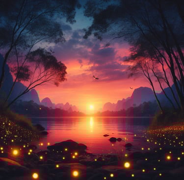 A serene river at dusk with glowing fireflies, symbolizing reflection and emotional depth.