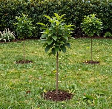 Three small planted garden saplings with green leaves in a lawn with a hedge background.