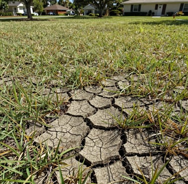 Dry cracked soil patches in a residential green lawn during a summer drought.