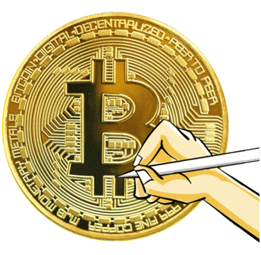Cartoon style image of Bitcoin and an artist’s had drawing it.