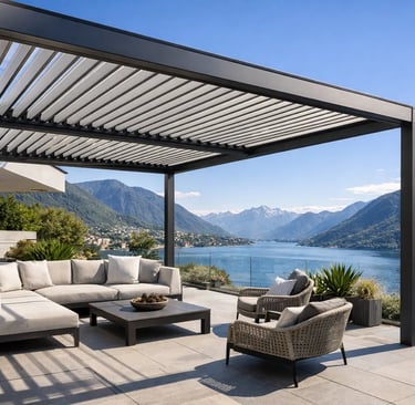 Esempio di pergola bioclimatica con permessi edilizi in Ticino su abitazione moderna