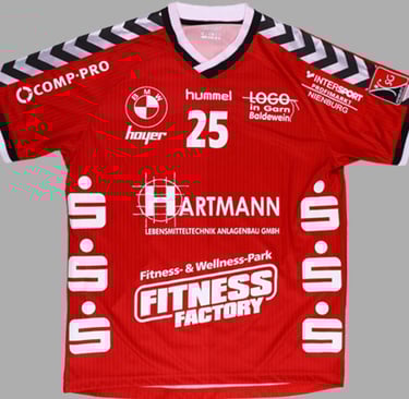 a red and white soccer jersey with a black and white stripe