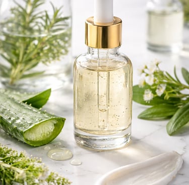 Organic high-performance botanical serum in glass dropper bottle, luxury non-toxic skincare CDMX