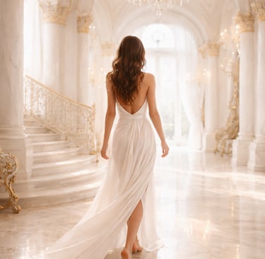 Barefoot woman walking through a golden palace representing sovereignty and power without surrender 