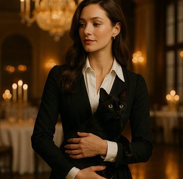Elegant woman embodying mysterious Black Cat Feminine Energy. belle.com.mx
