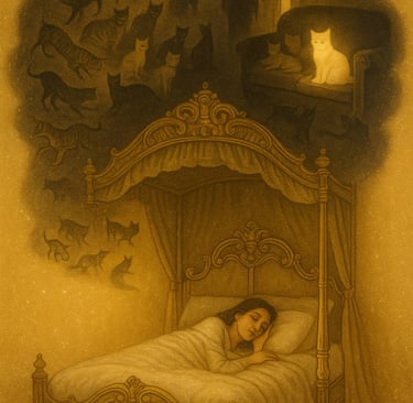 a golden canopy bed with a dark cloud above showing many cats, a scene of rejection, and comfort