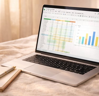 clean workspace with laptop showing spreadsheet, notebook and pen in warm natural light