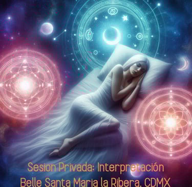 Illustration of a woman peacefully sleeping, surrounded by glowing dream symbols and stars, night
