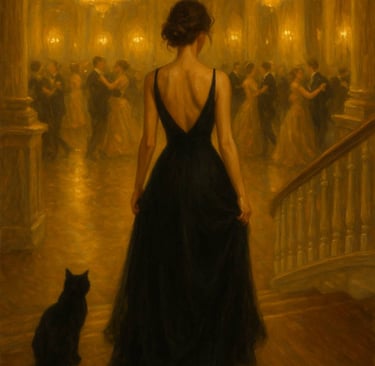 enchanting power of feminine black cat energy. golden ballroom. belle.com.mx