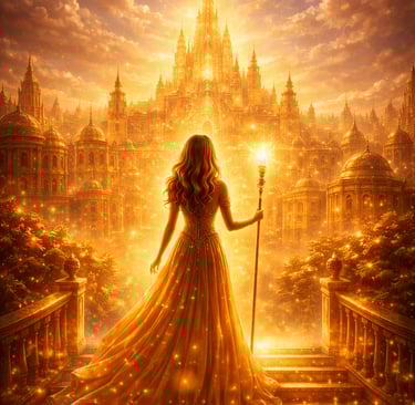 Woman holding a glowing staff standing before a radiant golden city, symbolizing destiny-divine time