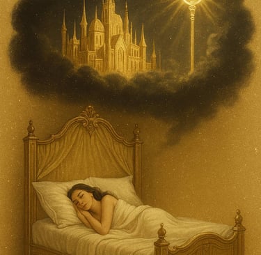 a glowing cloud above showing a radiant golden city and a luminous staff of time. belle.com.mx