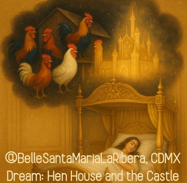 a cloud above showing a hen house full of colorful roosters transforming into a radiant castle