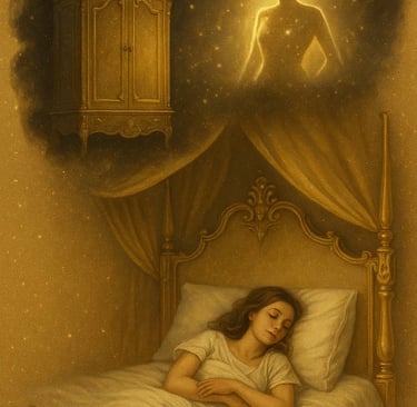 a cloud above showing a glowing magical armoire and a radiant movie star silhouette