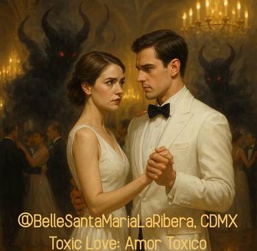 couple dances tensely, ghostly, smoke-like demonic figures, golden chandeliers, ballroom, dancing