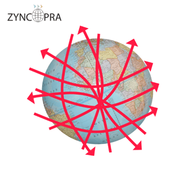 Mapa mundial con rutas de exportación que representan la red de distribución de Zyncopra.