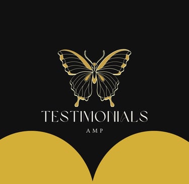 Elegant gold butterfly logo for AMP Testimonials on a black background with decorative gold curves.