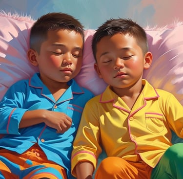 two boys are sitting on a bed with their eyes closed