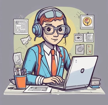 A person wearing a business suit is interacting with a tablet on a desk. The desk is cluttered with papers showing charts, a notebook, a pen, and a mug. A calculator is also visible, and there is a potted plant in the background.