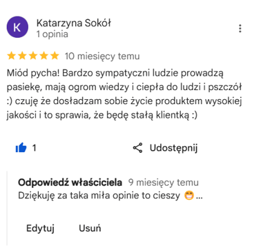 Opinia z google maps dla pasieki miodex z Gorzowa Wlkp.