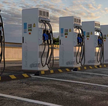 a row of fast electric charging stations in a parking lot