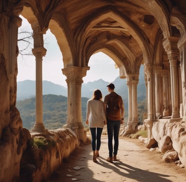 Modern apartment complex with large glass balconies and wooden paneling. The courtyard features lush greenery with ornamental grasses and young trees against a clear blue sky.