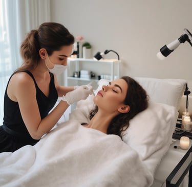 A serene spa setting with three beauty product tubes displayed prominently on a small round table. In the background, a person relaxing in a bathtub with a towel wrapped around their head and sunglasses.