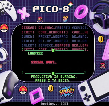 Retro PICO-8 game screen surrounded by 3D gaming accessories, VR headset, and pixel art icons.