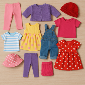Colorful 18-inch doll clothes including dresses, leggings, tops, and hats on a wood surface.