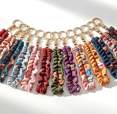Long colorful scrunchie key fobs arranged in a wide half-circle with gold keyring hardware.