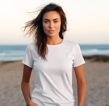 A woman modeling a short sleeved white t-shirt on the beach. 