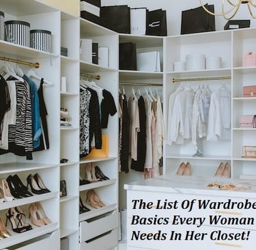 A modern, organized walk-in closet filled with neutral-toned wardrobe basics.